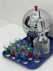 MCM Chrome Liquor Dispenser Shot Glass Holder - Mid Century Modern Chrome Sphere 12 Shot Glasses