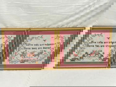 (2)Vintage Embroidery on Linen, Framed 12'' x 15''