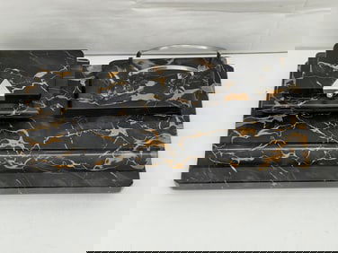 Art Deco Portoro Marble Desk Set - Inkwells Tray 7'' x 1'' x 14.25'' + Letter / Paper Holder 3'' x