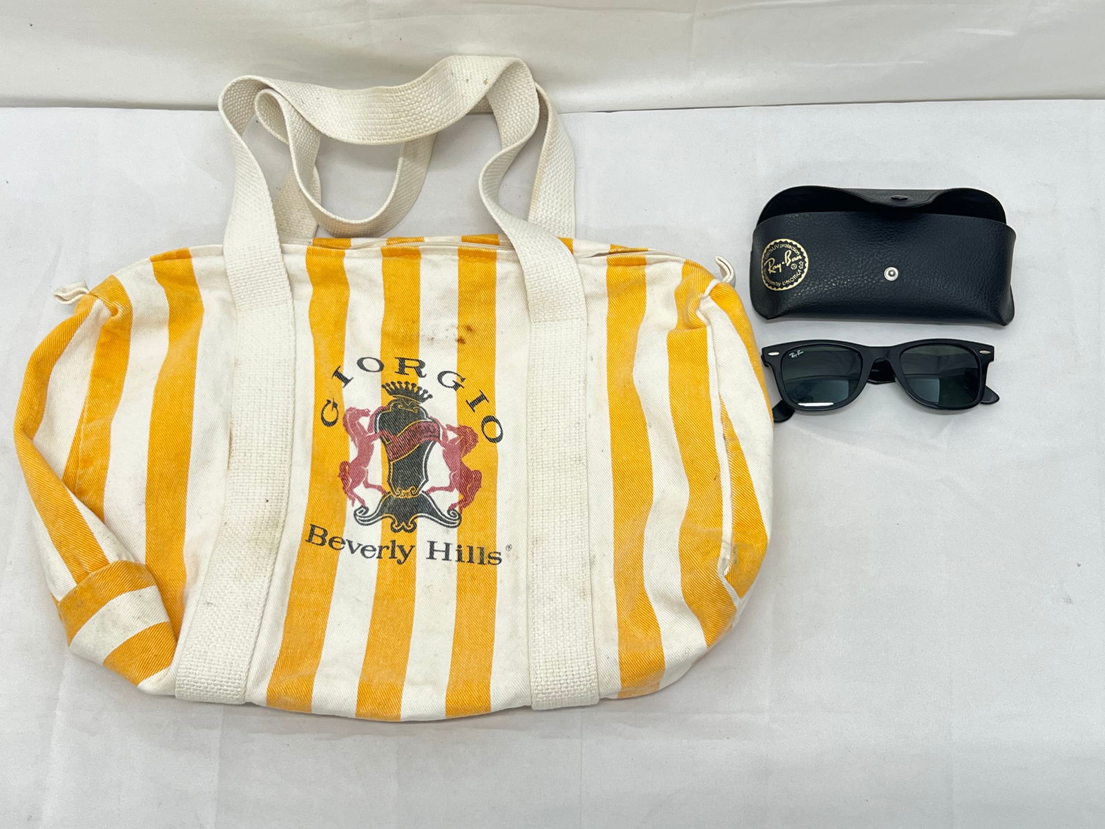Vintage Giorgio Beverly Hills Bag, Ray Ban Sunglasses - Canvas Giorgio Beverly Hills Tote Bag 18'' x: Vintage Giorgio Beverly Hills Bag, Ray Ban Sunglasses - Canvas Giorgio Beverly Hills Tote Bag 18'' x 12'', Vintage Ray Ban Wayfarer Sunglasses with Case