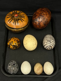 Asst Lot-Eggs, Signed Gourd Box, Art Glass Paperweight- Signed 'Liza' Art Gourd Box, Asst Eggs 2.5''