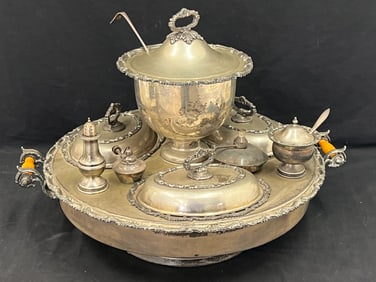 Victorian English Silverplated Heated Lazy Susan - Revolving Lazy Susan with Master Salt, Pepper,