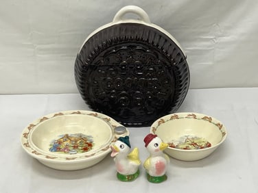 Bunnykins, Oreo Cookie Jar, Duck Salt Pepper - Vintage Bunnykins Warmer Bowl & Bowl(Small Chip),