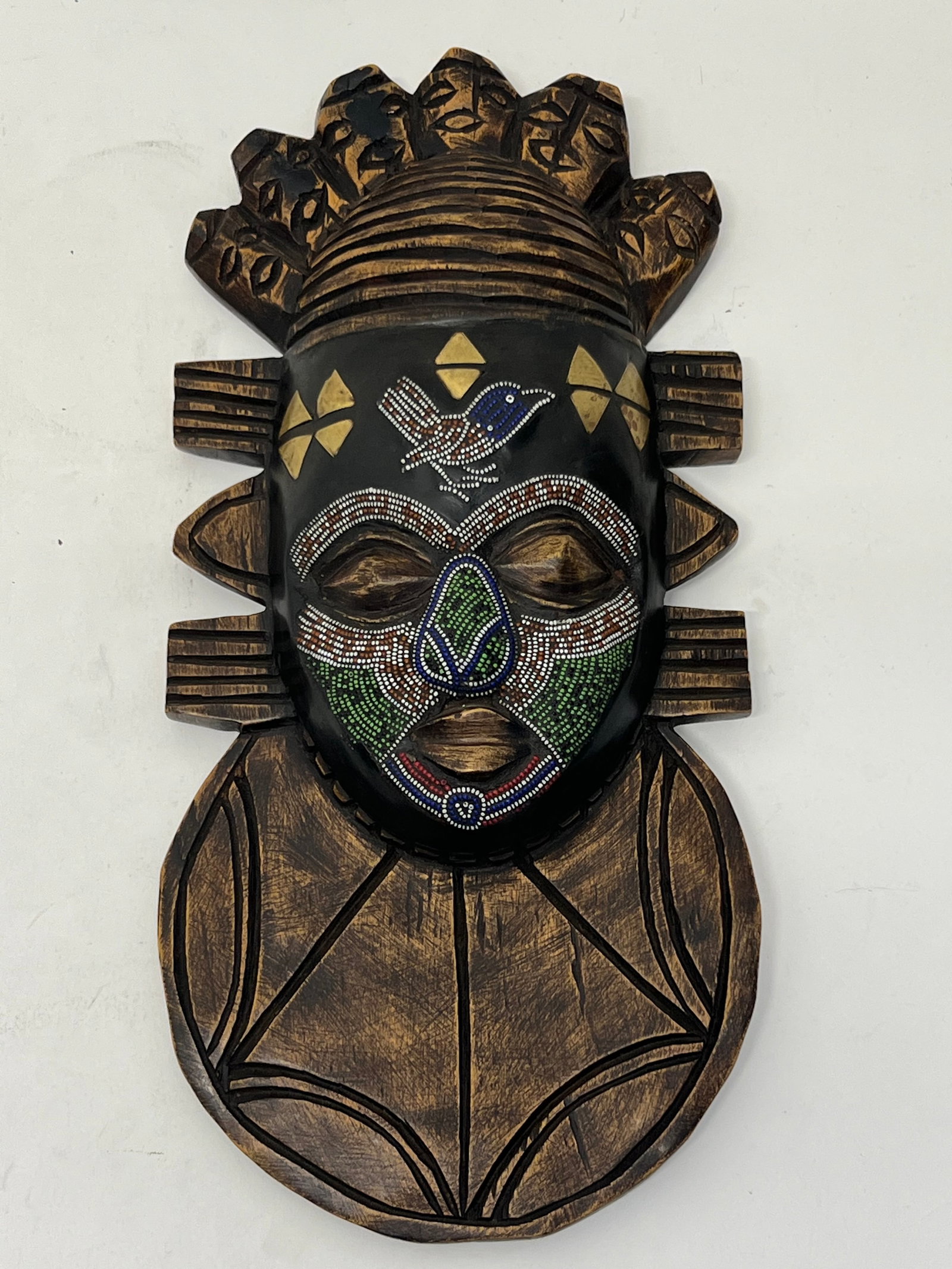 Ghana Festac Wooden Carved Mask w/ Beads 8'' x 17'': Ghana Festac Wooden Carved Mask w/ Beads 8'' x 17''