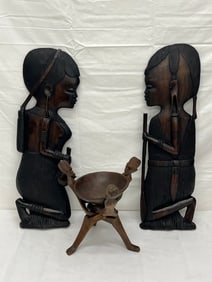 African Tribal Hardcarved Figures & Bowl - Figural Base Carved Wooden Bowl , 21''T Handcarved