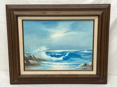 Signed Oil on Canvas ''Ocean Waves'' by T.Peak - Framed 18.75'' x 23'' , Sight 12'' x 16''