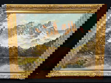 Paul Arndt (1881-1976)Original Oil on Canvas - Mountain Lake Landscape in Ornate Goldtone Frame