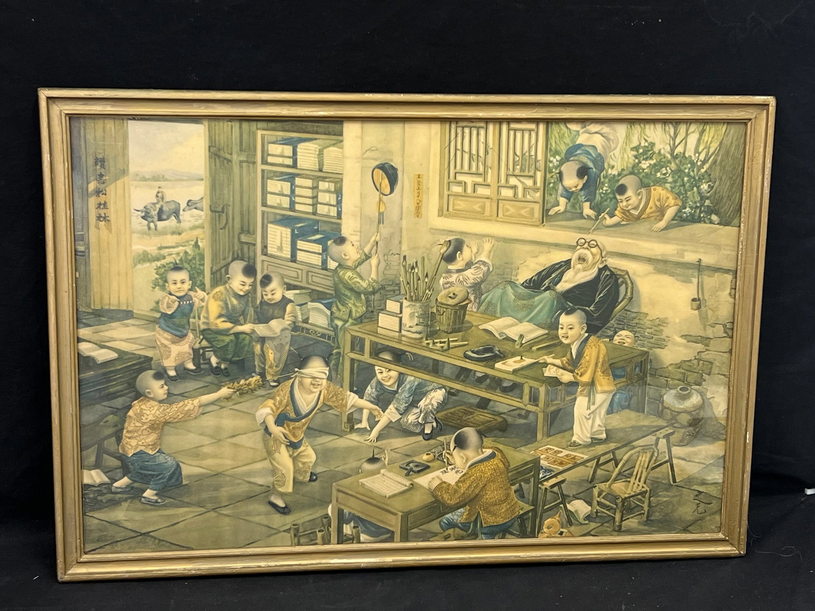 Republic Era Chinese Lithograph 'Children at School' - Framed 19'' x 27.5'' (1 of 6)