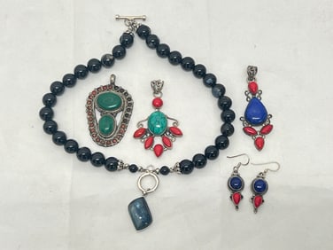 Vintage Sterling Pendants, Earrings - Lapis & Coral, Malachite & Coral (Some Coral Missing) + More