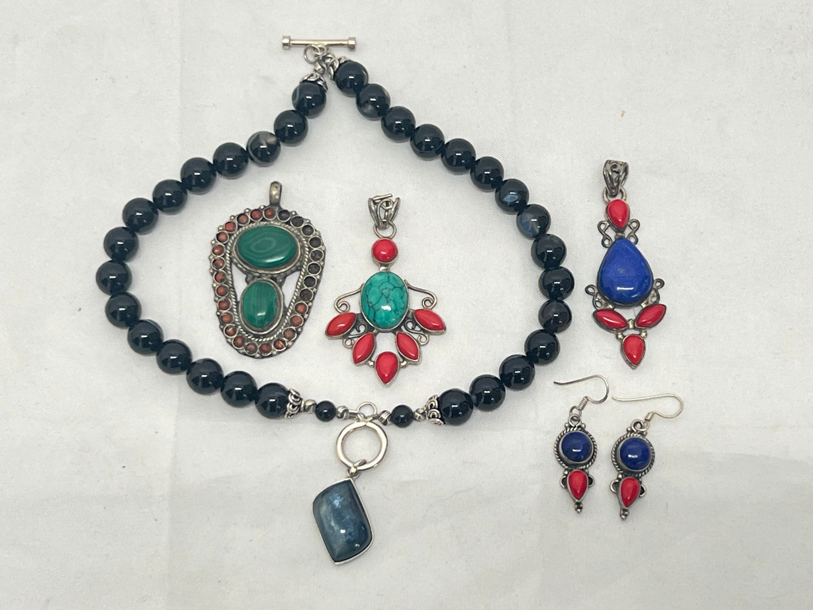 Vintage Sterling Pendants, Earrings - Lapis & Coral, Malachite & Coral (Some Coral Missing) + More: Vintage Sterling Pendants, Earrings - Lapis & Coral, Malachite & Coral (Some Coral Missing) + More