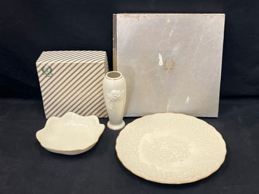 3pcs Lenox China w/ 24K Gold Rim - Scallop Bowl, Vase + Christmas Platter (Platter + Bowl w/ Boxes)
