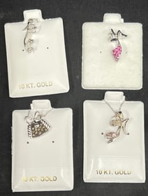 (4)10K Gold Charms + Necklaces-Diamonds & Sapphires - Purse with Necklace with Champagne Diamonds,