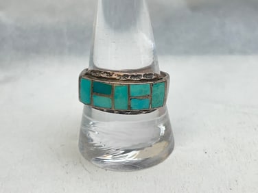 Vintage Native American Sterling Inlay Turquoise Ring - Sz 10.5
