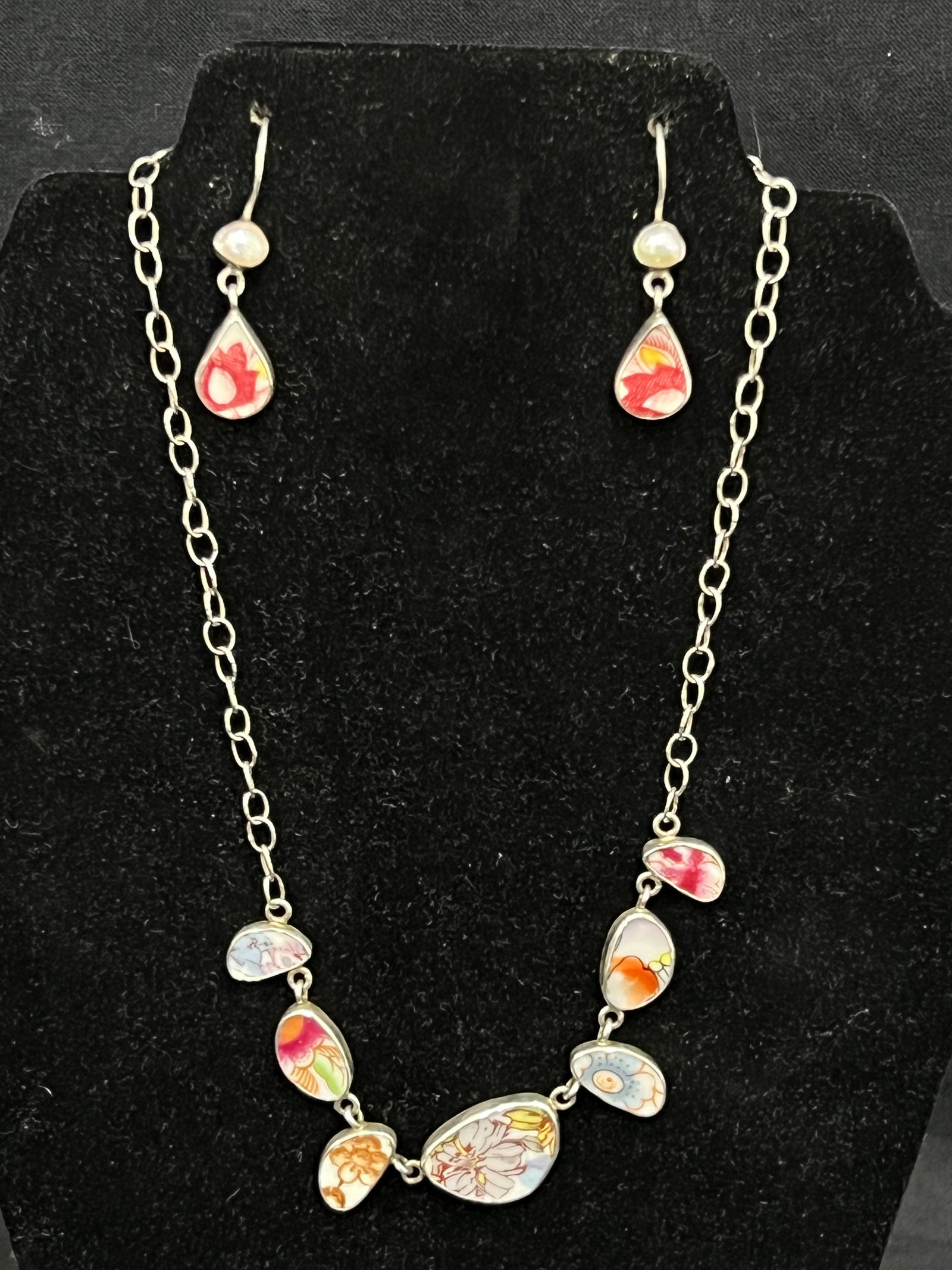 Sterling Silver Necklace + Earring Set with Old Plates Inlay - Sterling J.Lee 17''L Necklace & (1 of 3)