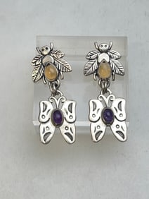 Signed Sterling Bee + Butterfly Gem Dangle Earrings - Citrine & Amethyst