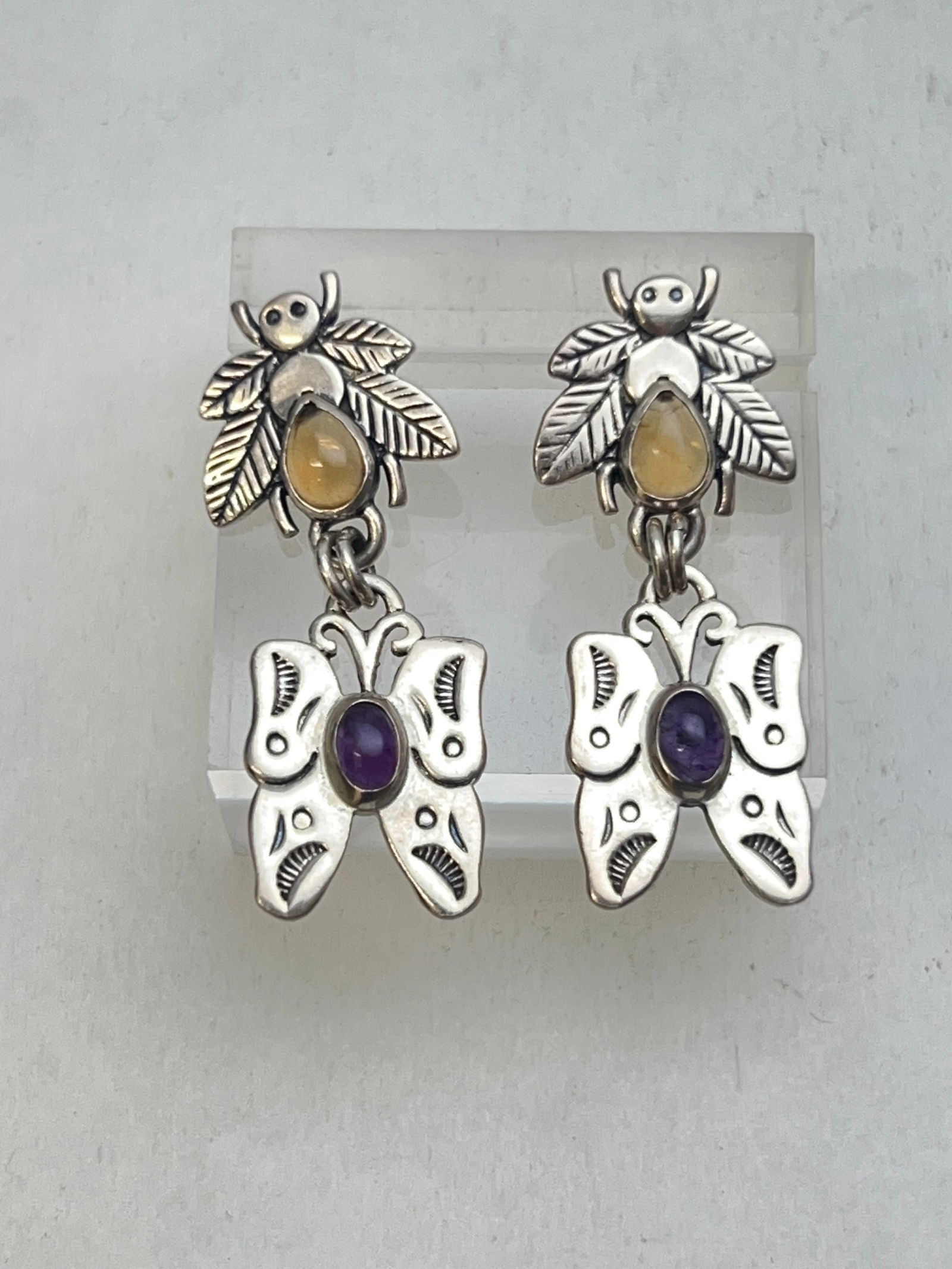 Signed Sterling Bee + Butterfly Gem Dangle Earrings - Citrine & Amethyst: Signed Sterling Bee + Butterfly Gem Dangle Earrings - Citrine & Amethyst