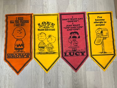 (4)1958-70s Peanuts Felt Pennant Banners -  Charlie Brown, Lucy, 1958 Snoopy,  Linus with Sally -