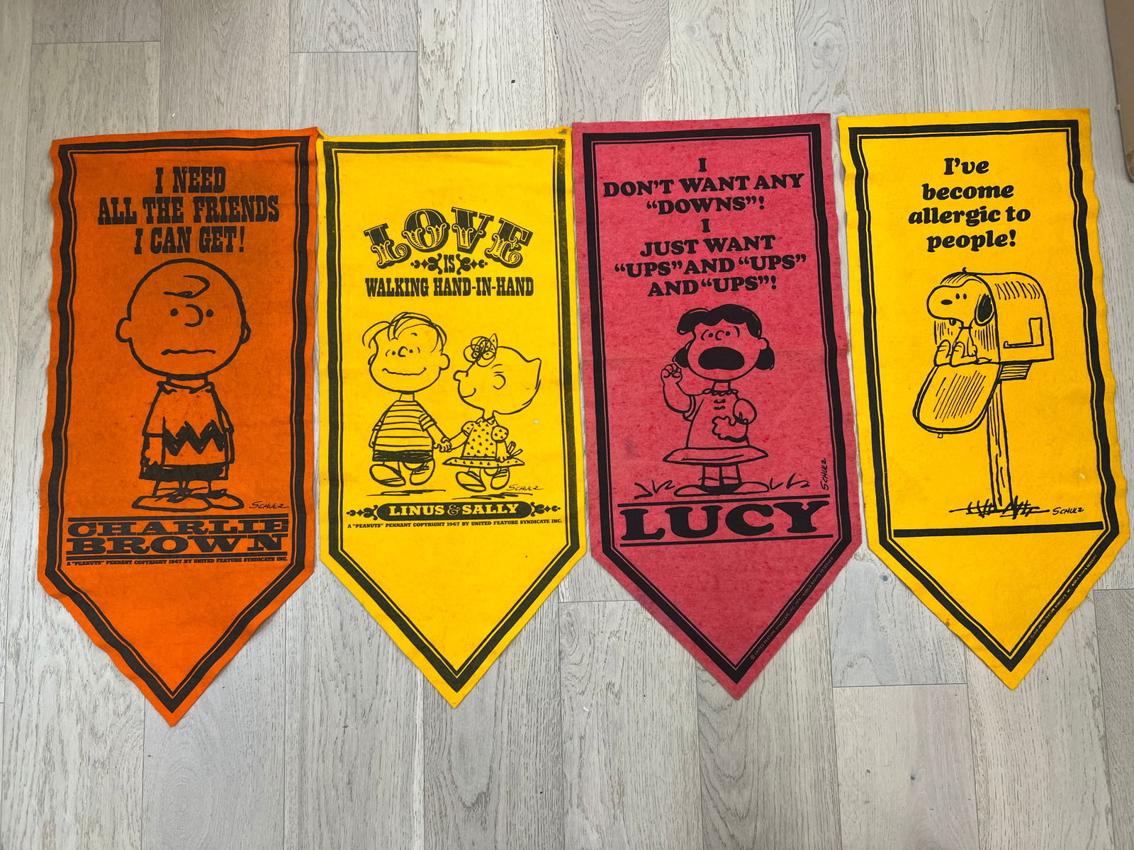 (4)1958-70s Peanuts Felt Pennant Banners -  Charlie Brown, Lucy, 1958 Snoopy,  Linus with Sally - (1 of 8)