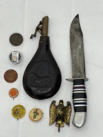 Antique Black Powder Flask,WWII Knife,Buttons,More -  Embossed Leather Black Powder Civil War Era