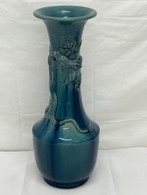 Antique Japanese Awaji Dragon Vase Signed 18''T - Signed on Bottom - Deep Turquoise Color with
