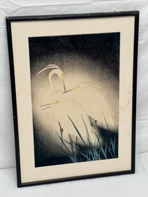 Koei Hashimoto (1892-1956) Watercolor ''Snowy Herons'' - Framed & Matted with Info on Back 14.5'' x
