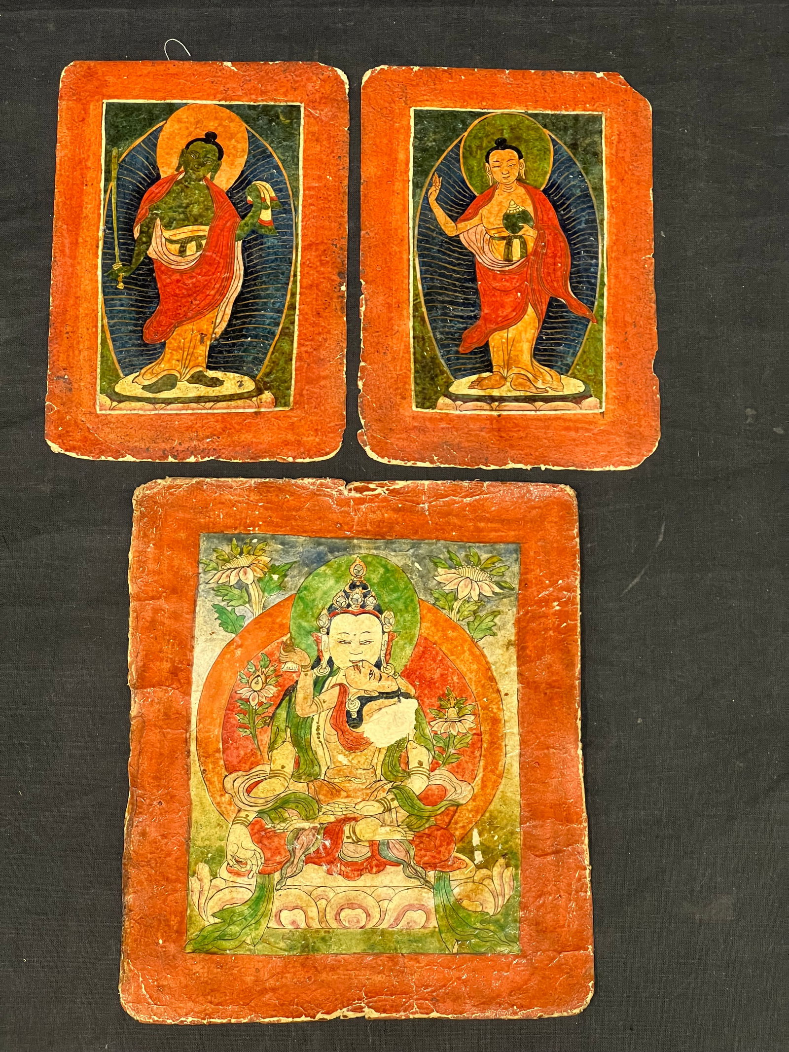 (3) 18thC Antique Tibetan Tsaki Paintings - Altar Paintings 8'' x 6.5'' , (2) 4.5'' x 6.5'' (1 of 5)