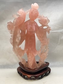 Chinese Rose Quartz Guan Yin Figure - Carved Rose Quartz on Wood Stand ,  Figure 5'' x 6.5'' ,