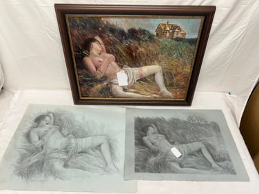 (1942-2025)Russell Tripp Signed Oil + (2)Compositions - Russell Signed 1990s Composition Drawings of
