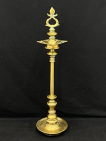 19thC Antique Diya Brass Temple Oil Lamp 31''T