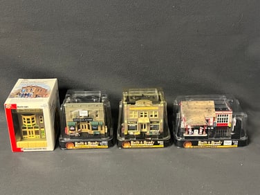 (4)HO Woodland Scenics & Built-Up Buildings - Filler Up + Fixer, Lubeners General Store, Harrison's