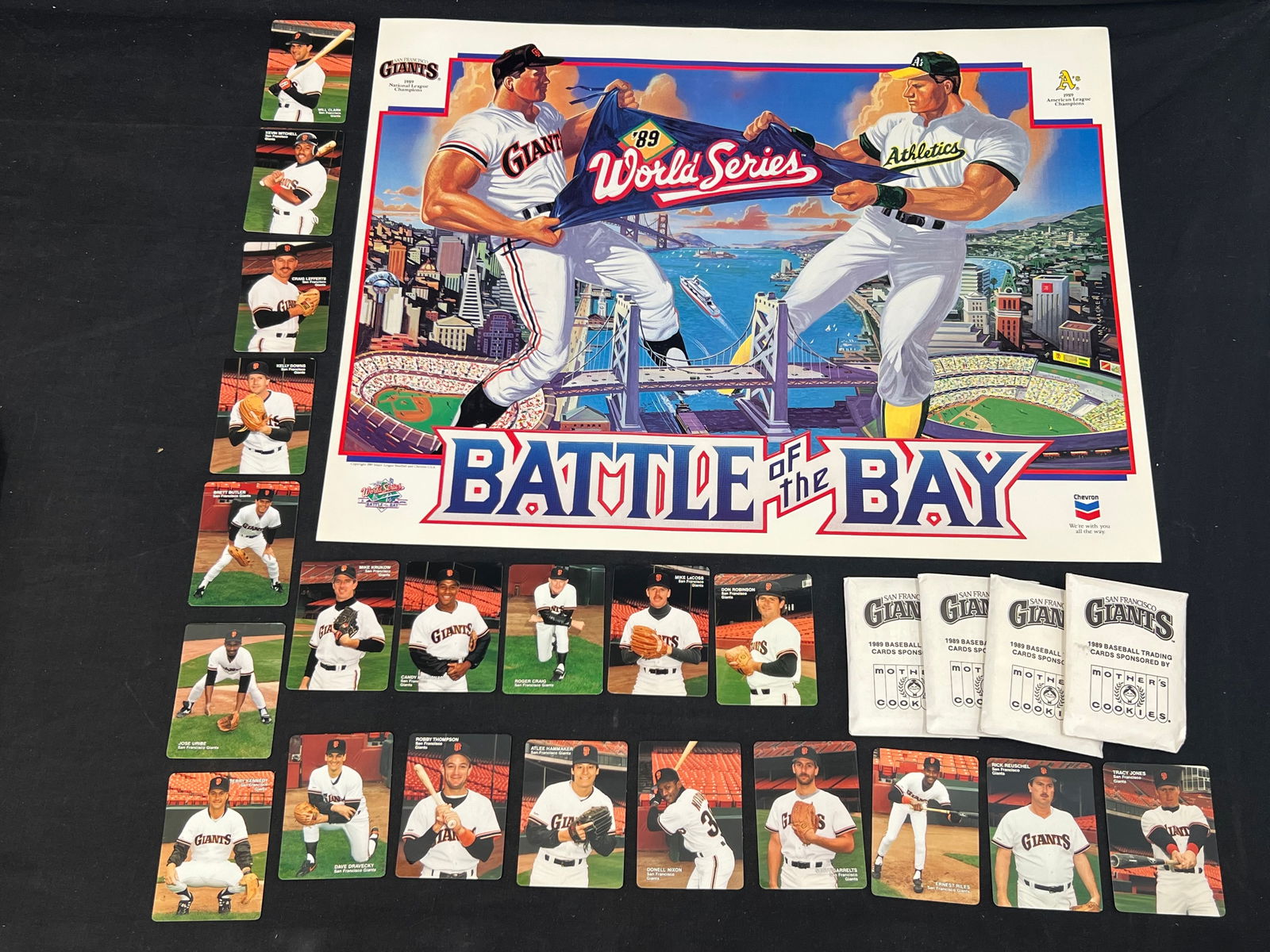 1989 Battle of the Bay Poster, Mothers Cookies Cards - 1989 Chevron Battle of the Bay SF Giants Vs.: 1989 Battle of the Bay Poster, Mothers Cookies Cards - 1989 Chevron Battle of the Bay SF Giants Vs. Oakland A's Poster, (4)1989 SF Giants Mother's Cookies Cards