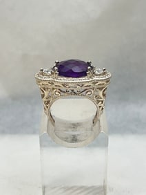 Deco Style Sterling Amethyst Ring, Sz 7, TW 7.88g - Sterling Amethyst Ring Surrounded with