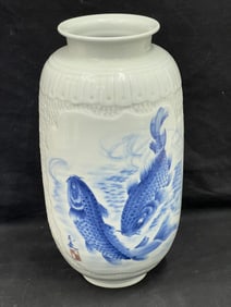 20thC Chinese Rooster & Fish Vase Signed - Opening 5.5'' x 16''T
