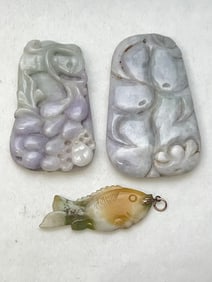 (3)Carved Jade Pendants - Fish 2'' , Lavender & Green .75'' x 2.25'' , 1.5'' x 2.5''