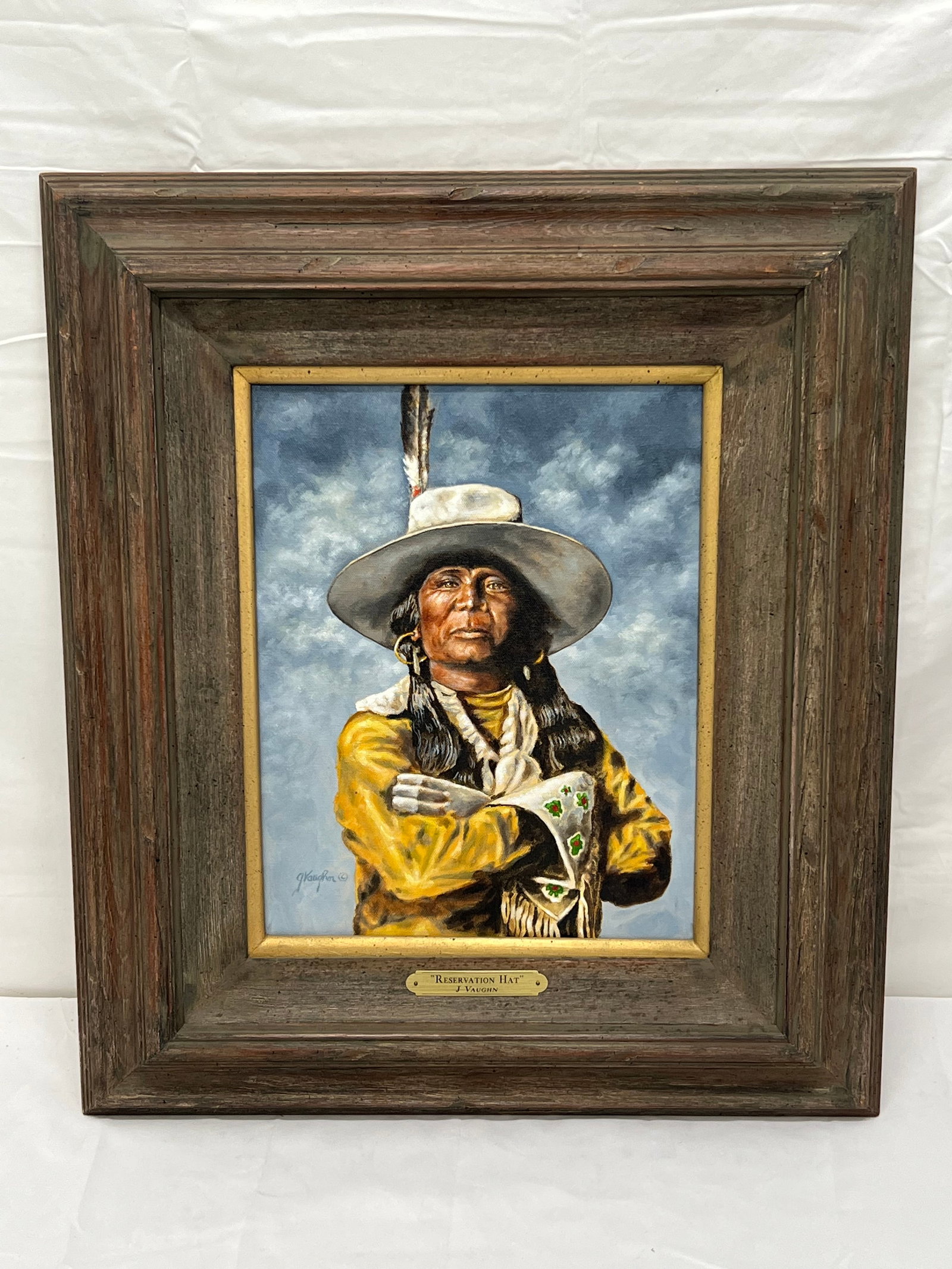 J.Vaughn Signed Oil ''Reservation Hat'' - Signed Bottom Left with Info on Back - Framed 20'' x 23'',: J.Vaughn Signed Oil ''Reservation Hat'' - Signed Bottom Left with Info on Back - Framed 20'' x 23'', Sight 11'' x 14''