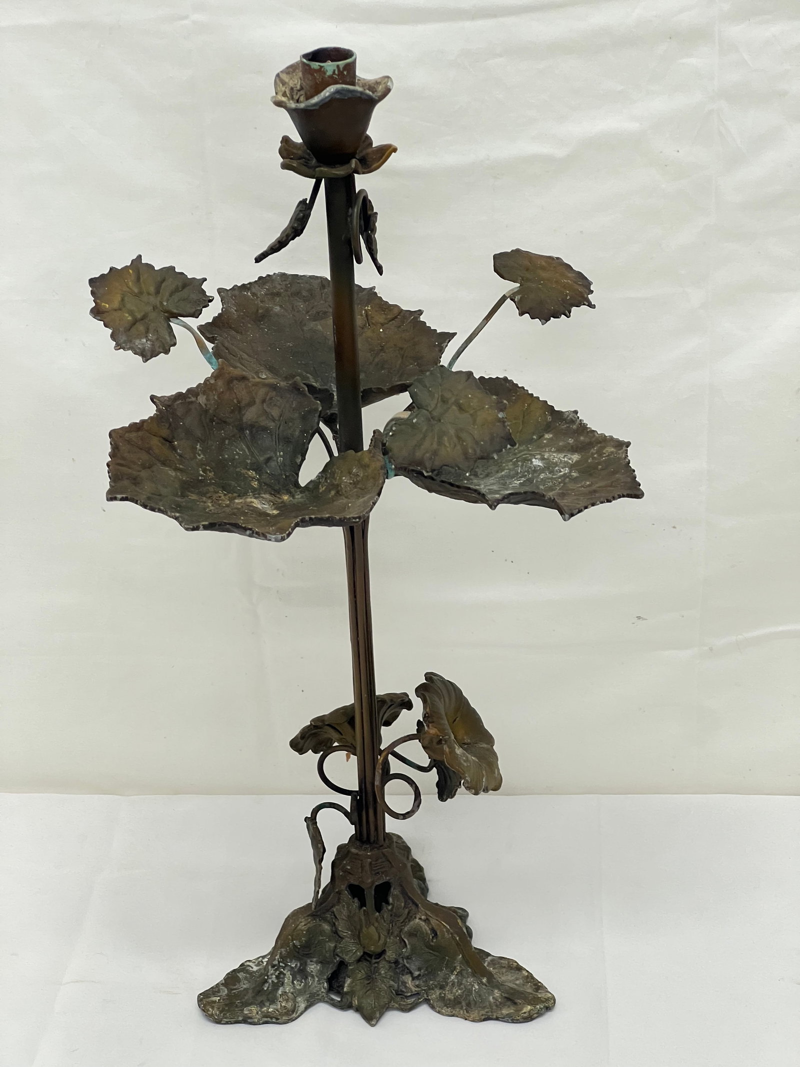 French Bronze Candle Holder 8'' x 17'', Flower & Leaf Design: French Bronze Candle Holder 8'' x 17'', Flower & Leaf Design