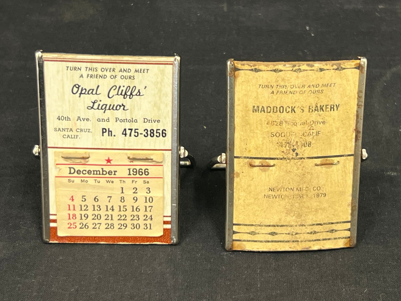 (2)Santa Cruz 1960-1970 Advertising Mirrored Calendars - 1966 Opal Cliffs Liquor + Maddocks Bakery: (2)Santa Cruz 1960-1970 Advertising Mirrored Calendars - 1966 Opal Cliffs Liquor + Maddocks Bakery