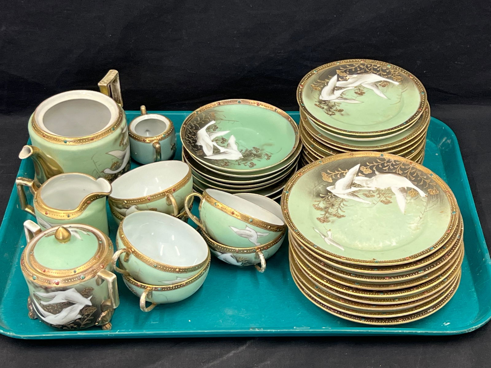 39pcs Atq Nippon Moriage Flying Geese China - Gold Rimmed with Jewel Lunch Set - Salad, Bread / (1 of 6)