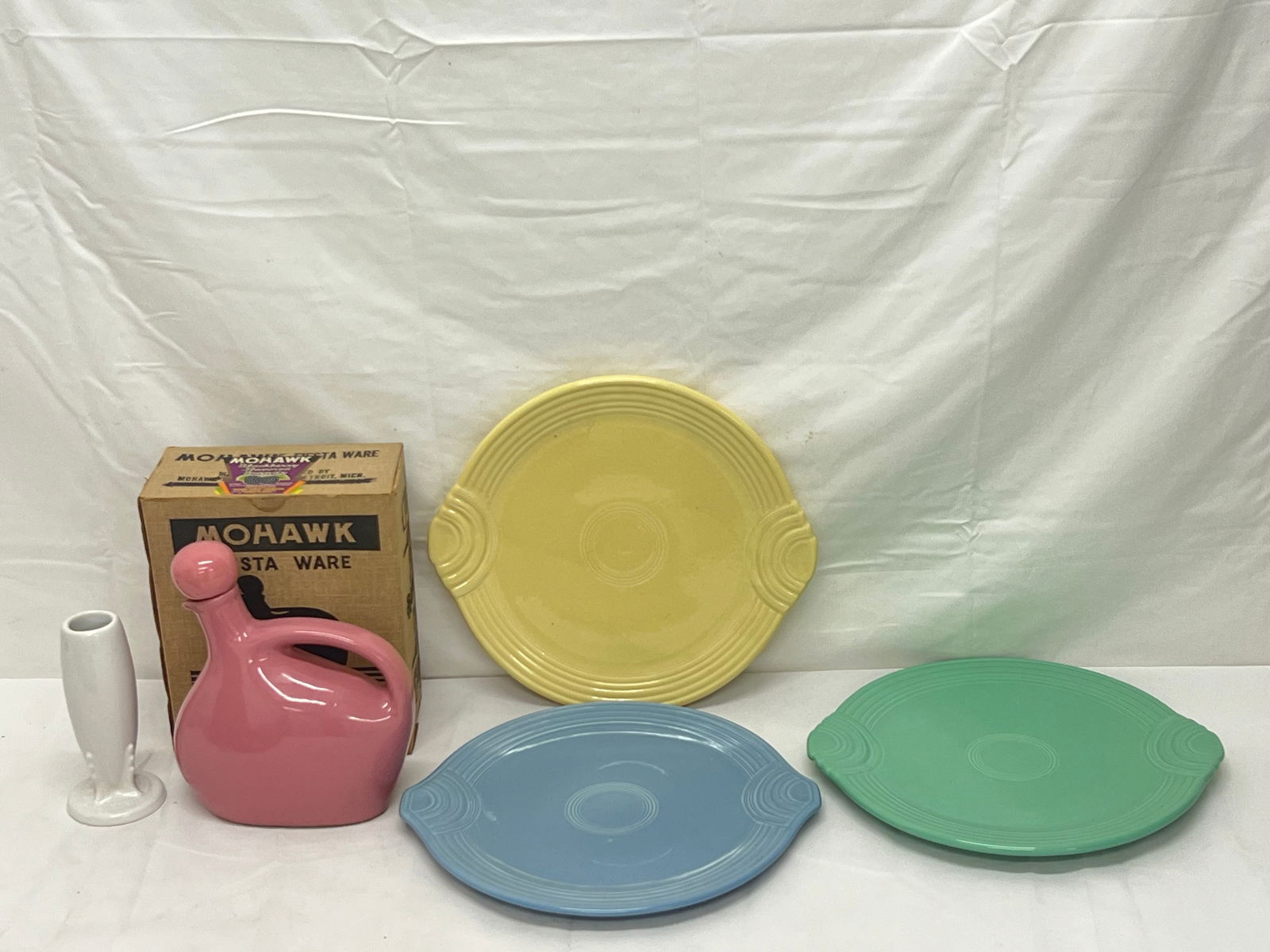 (5)Fiesta Pottery - (3)Platters, Vase, Decanter -  Mohawk Fiesta Ware Decanter with Box, Small Vase, (1 of 12)