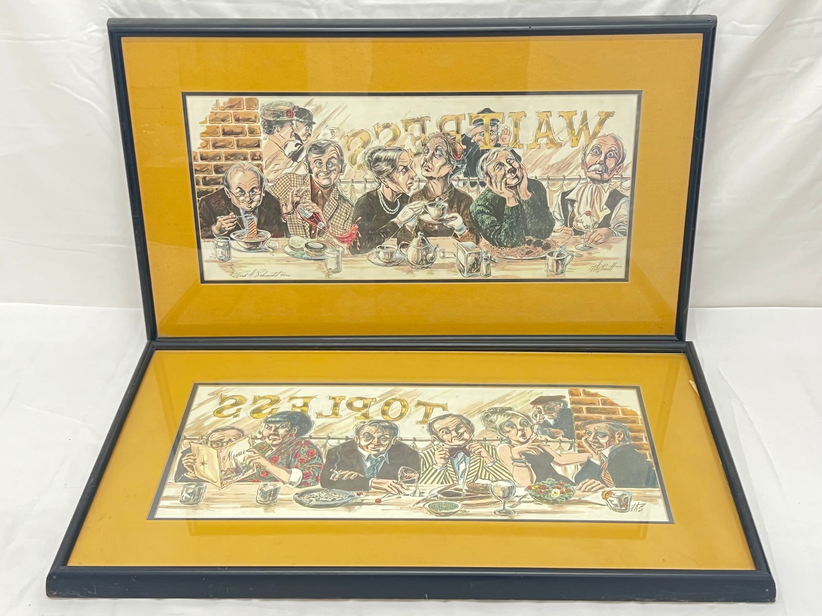 (2)Fred Schmidt ''Topless Waitress'' Signed Lithographs - 1972 Framed Lithographs 16.5'' x 29'': (2)Fred Schmidt ''Topless Waitress'' Signed Lithographs - 1972 Framed Lithographs 16.5'' x 29''