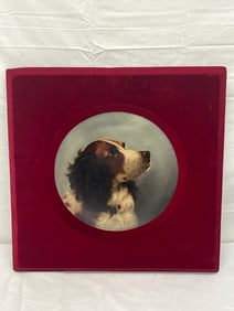 19thC Victorian Oil Painting of Dog - 19thC Oil Painting on Cardboard with Red Velvet Matting -
