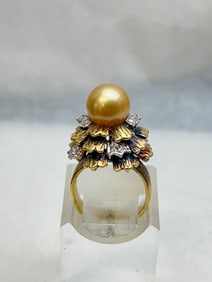 14K Gold Vintage Gold Pearl Diamond Ring, Sz 7.75-8 - (1)Round Golden Yellow Tahitian Pearl Approx.