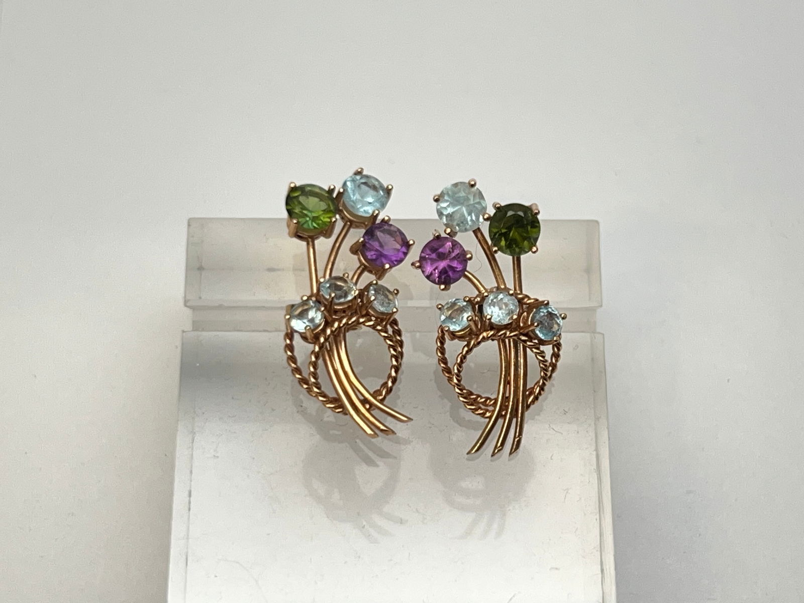 Vintage 14K Gold Aquamarine Amethyst Peridot Earrings - 1''L, Pierced with 14K Gold Backs - Total: Vintage 14K Gold Aquamarine Amethyst Peridot Earrings - 1''L, Pierced with 14K Gold Backs - Total Wgt 4.78g