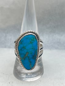 Sterling Turquoise Ring Navajo ''Running Bear'', Sz 10 - Signed Engraved Sterling Ring with
