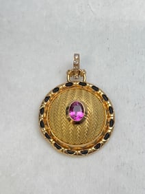 Vtg 18K Gold Diamond Pink Sapphire Pendant with Pearl - Unusual Basket Weave Dome Pendant with Black