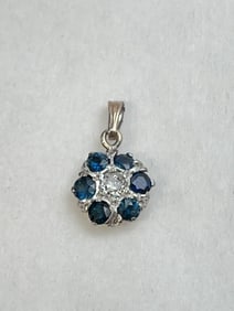 14K Gold Diamond Blue Sapphire Pendant - (6)Round Cut Dark Blue Sapphires 3.2-3.4mm, 1+ Cts Total +