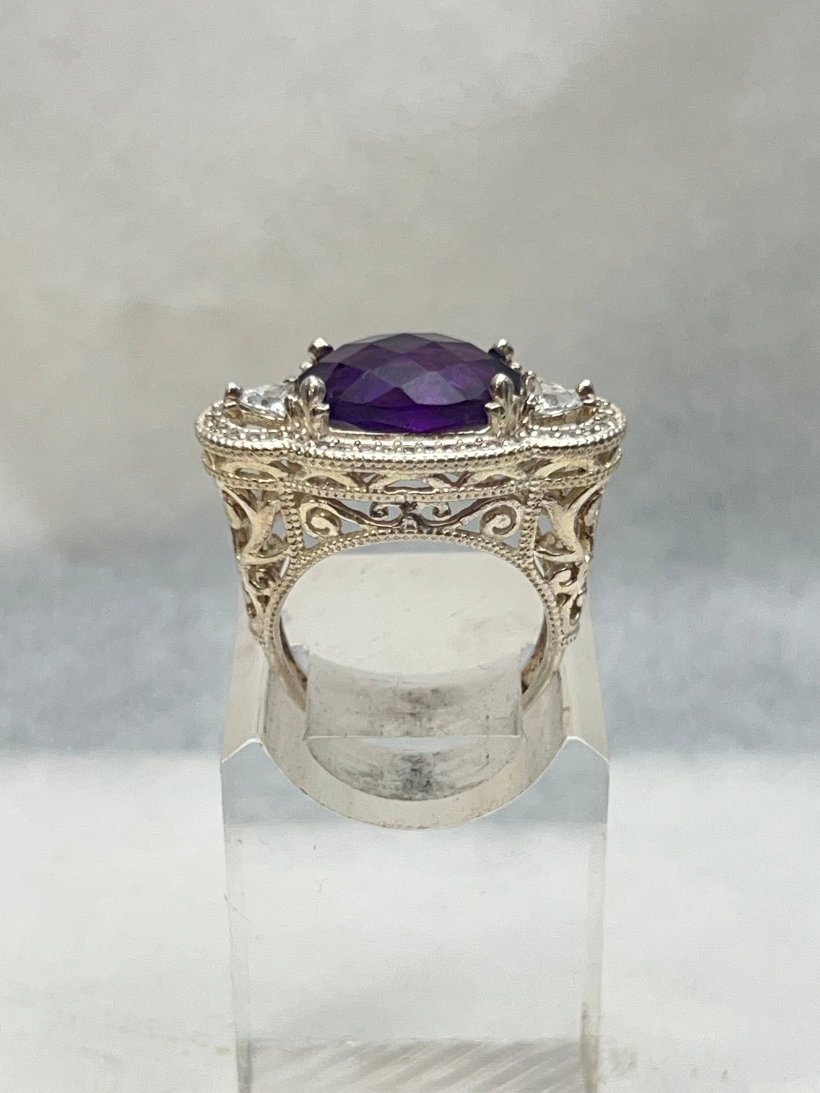 Deco Style Sterling Amethyst Ring, Sz 7, TW 7.88g - Sterling Amethyst Ring Surrounded with (1 of 4)