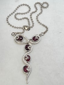 Vtg 14K Gold Diamond Garnet Italy Necklace - 14K Italy, (5)Oval Cut Garnets Approx. 8-10mm Each,