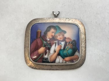 Sterling Handpainted Porcelain Brooch / Pendant - Antique Porcelain Art Approx. 1.75'' x 1.5'' in