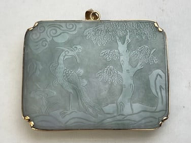 Antique 14K Chinese Celadon Jade Pendant - Carved Thick Mottled Opaque Celadon Green Jade Buckle
